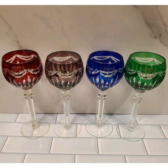 FIFTH AVENUE PRINCESS Set of 4 Cut-To-Clear Wine Goblets Green-Purple-Blue-Red - Picture 4 of 16